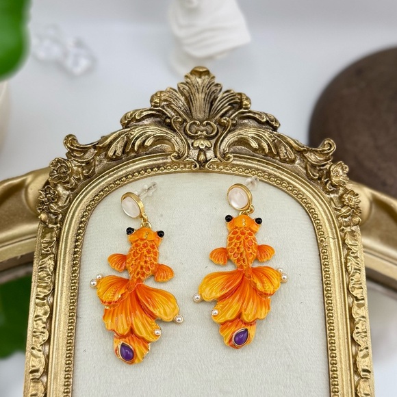 Statement Goldfish Earrings – Hand-Painted Enamel & Pearl Detail - Picture 4 of 10